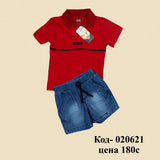 Boys T-shirt red and blue with jeans and shorts - clothing set
